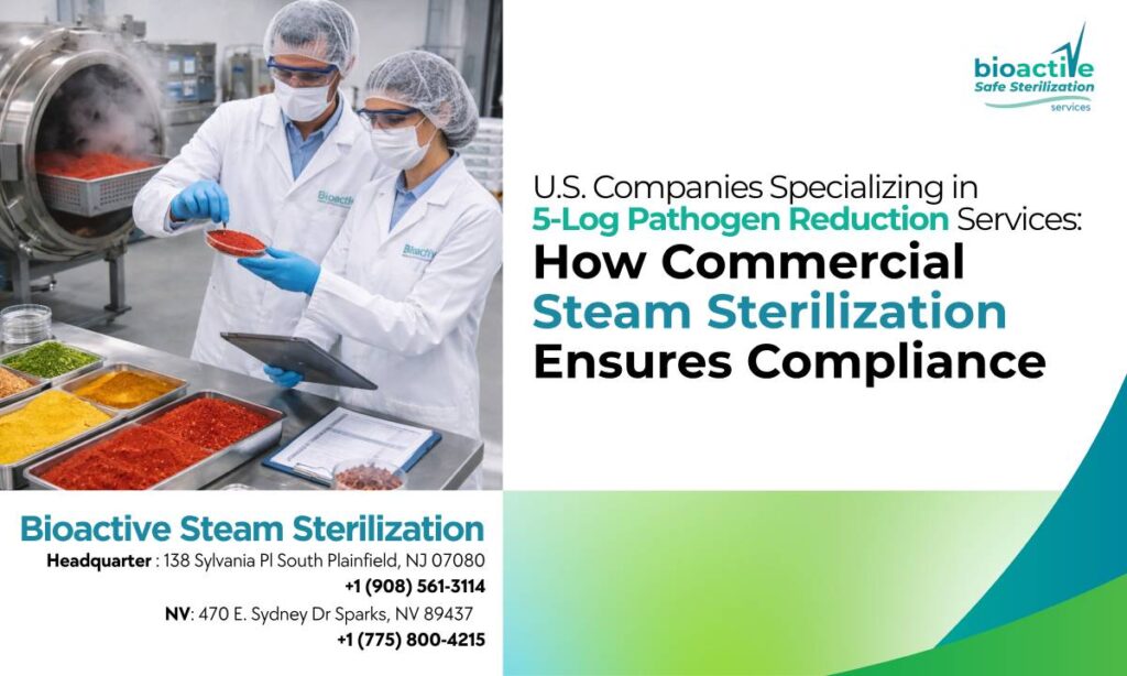 Commercial steam sterilization system achieving 5-log pathogen reduction in powdered food ingredients in the USA