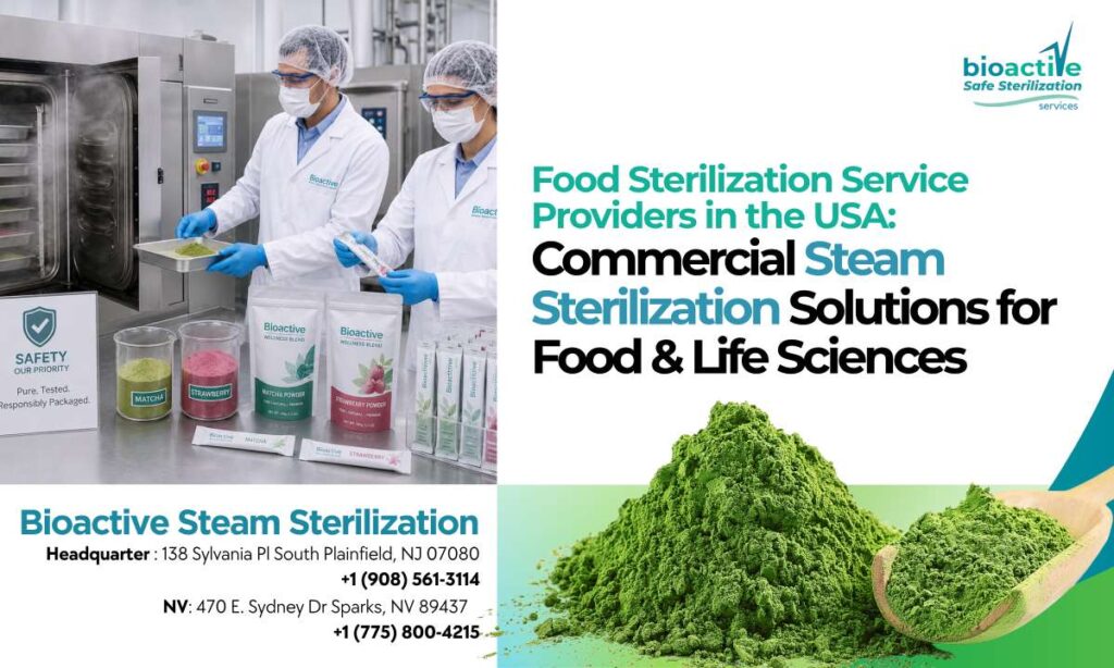 Commercial steam sterilization system processing powdered food and nutraceutical ingredients for microbial reduction and food safety compliance