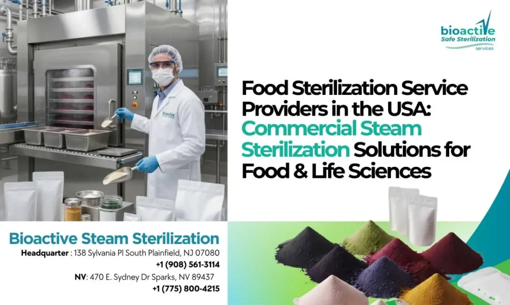 Commercial steam sterilization equipment processing powdered food ingredients to achieve validated microbial reduction and food safety compliance.