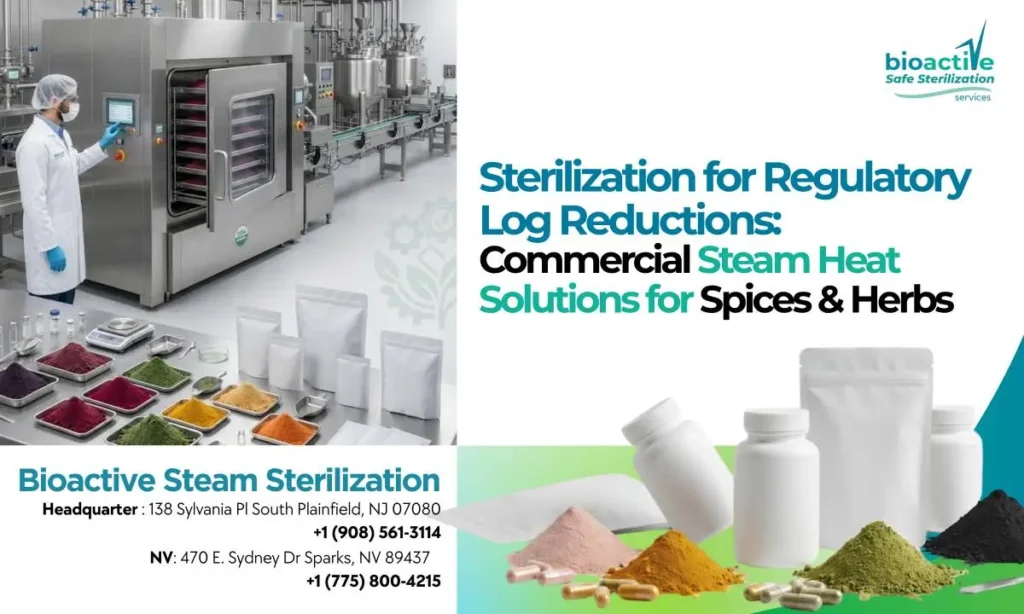 Commercial steam heat sterilization system processing spices and herbs to achieve validated regulatory log reductions and microbial safety